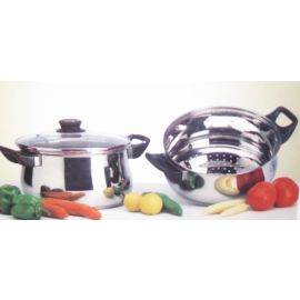 3pcs Stainless Steel Steamer W/Lid,S.Bott, Glass Lid, 6Qt  
